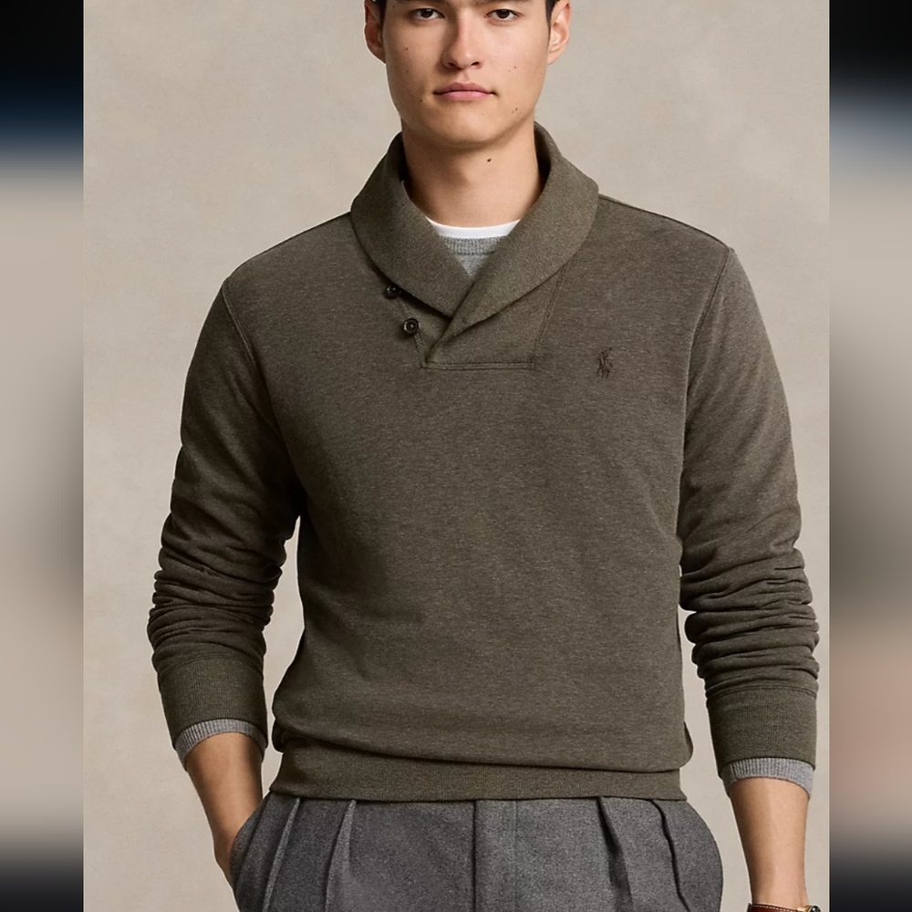 Vintage Luxury Polo shawl collar jersey pullover - L - olive green heather - Picture 5 of 5